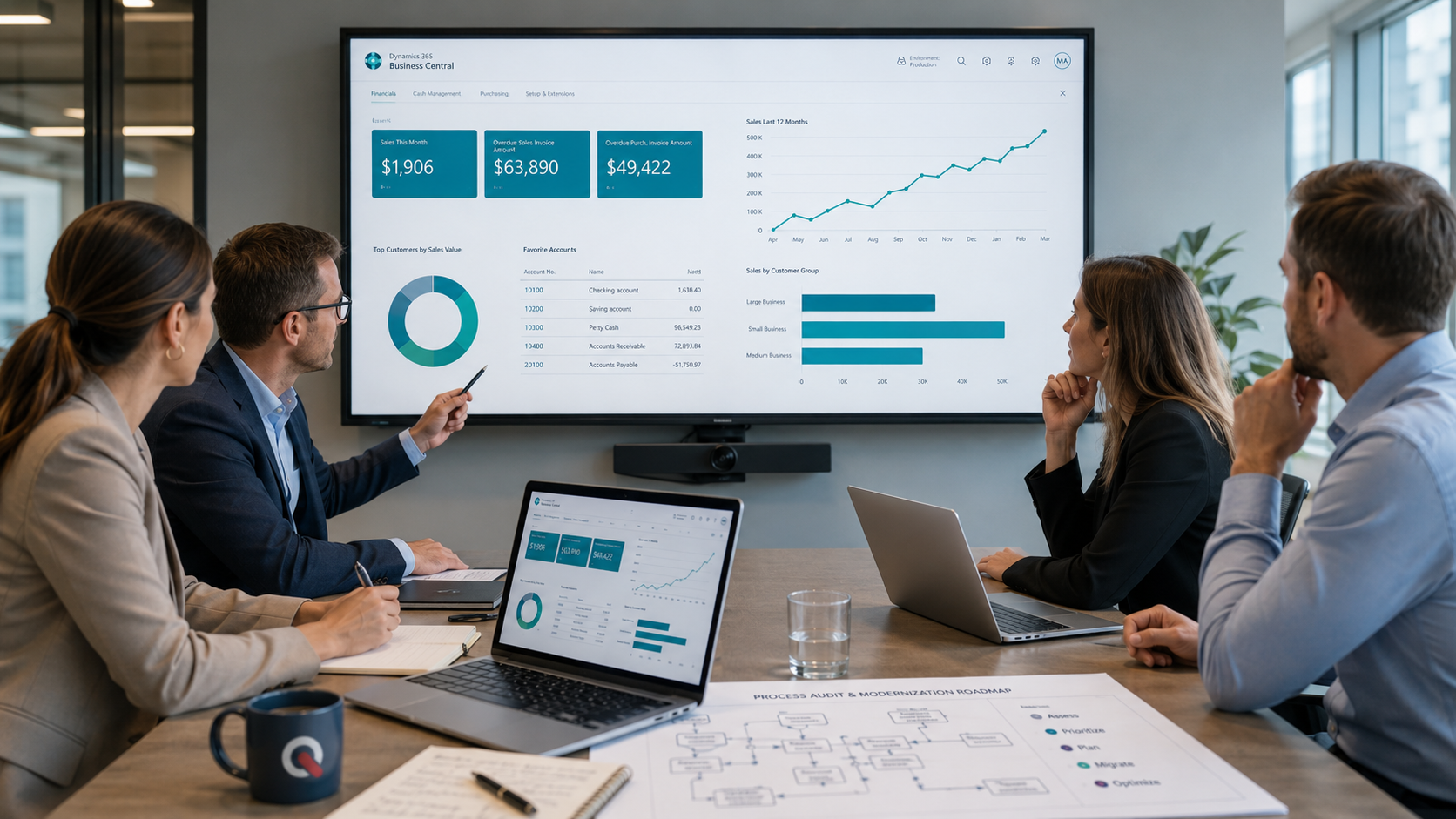 Tým hodnotí dashboard Business Central při modernizaci ERP